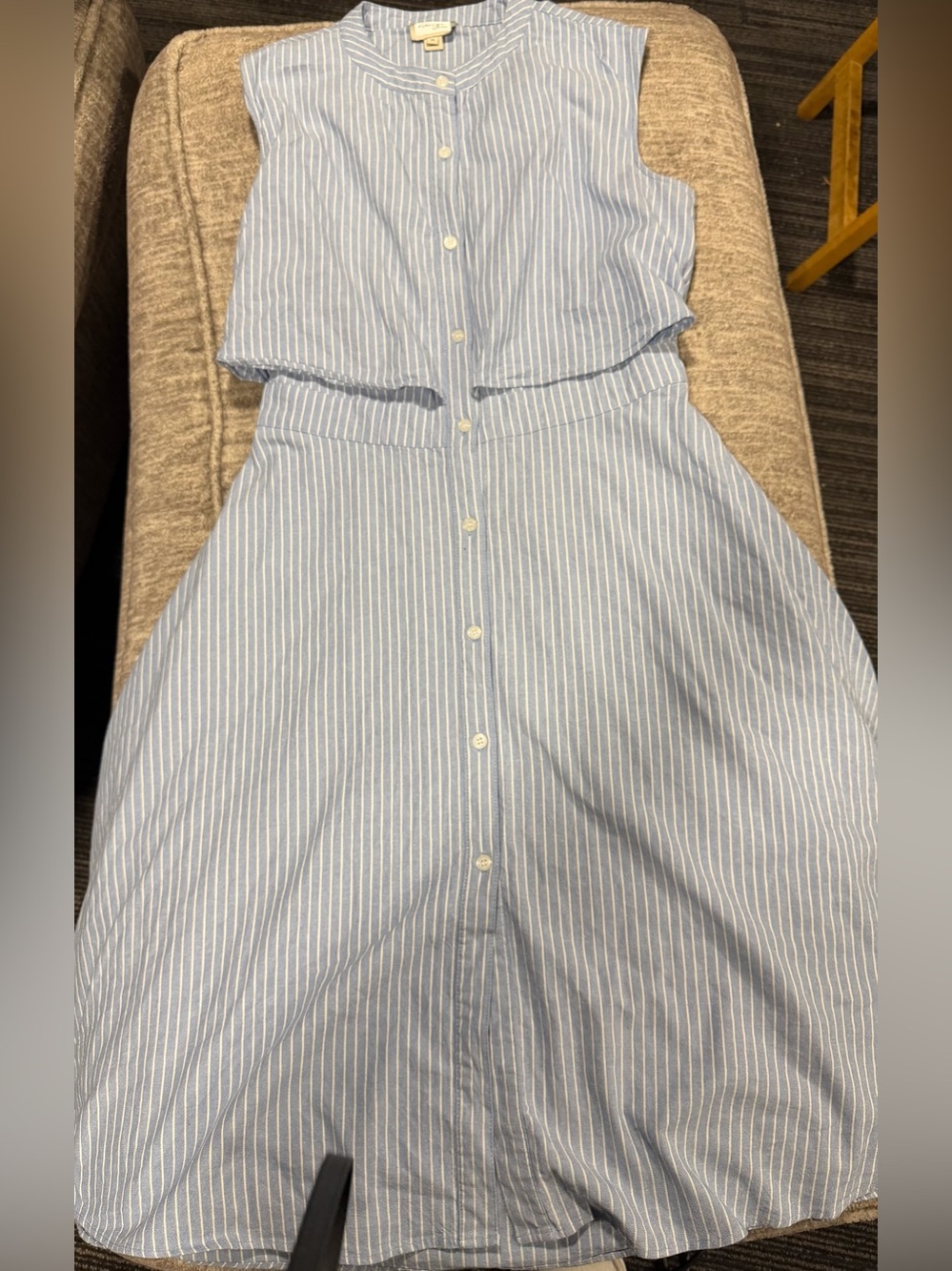 Sleeveless Blue & White Pinstripe Button-Front Dress open in the back.